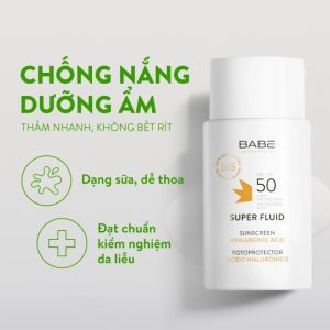 Kem chống nắng phổ rộng bảo vệ toàn diện cho da khô da thường BABE SUPER FLUID HA SPF50+ 50ml