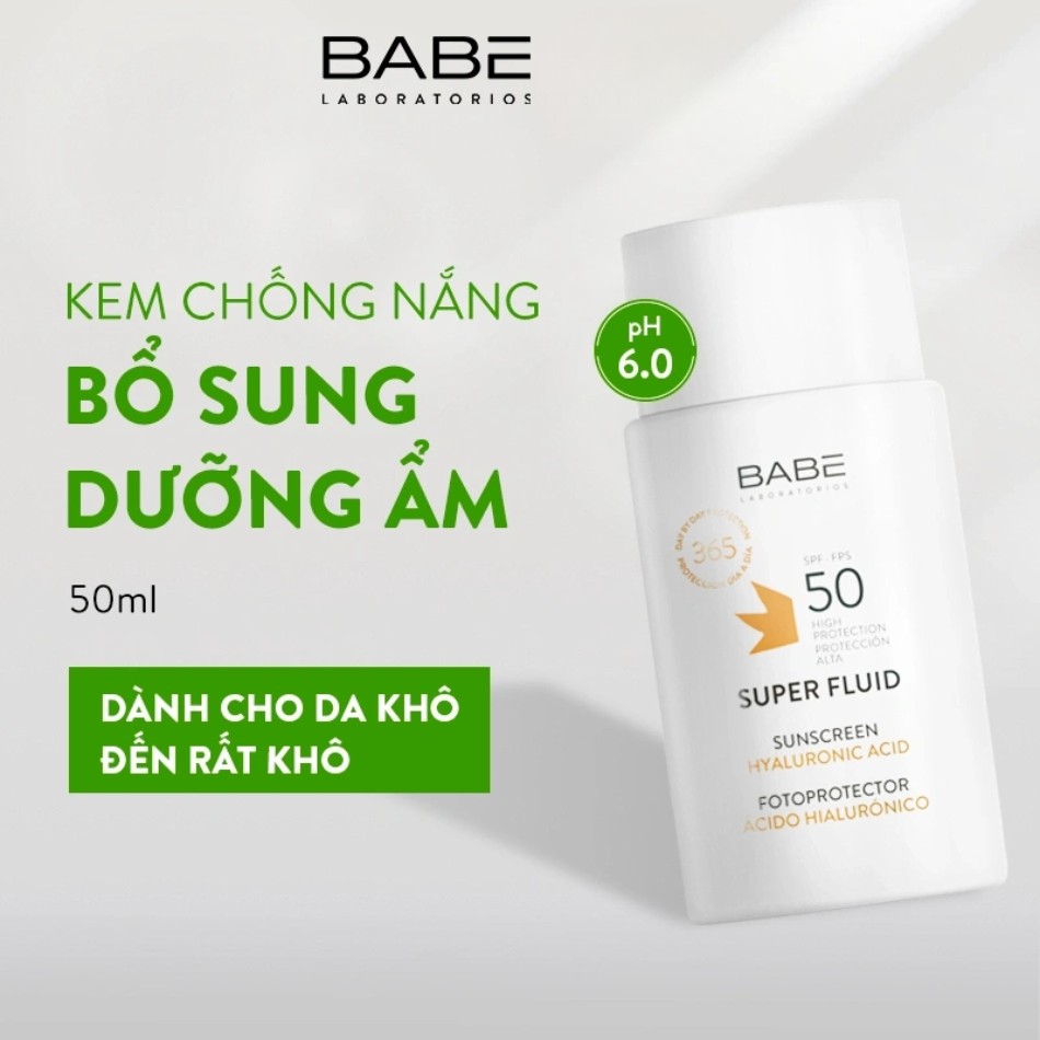Kem chống nắng phổ rộng bảo vệ toàn diện cho da khô da thường BABE SUPER FLUID HA SPF50+ 50ml