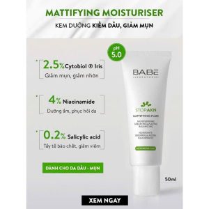 Kem dưỡng ẩm ngăn ngừa mụn, giảm bóng nhờn cho da dầu mụn Babe Stop AKN Mattifying Moisturiser 50ml