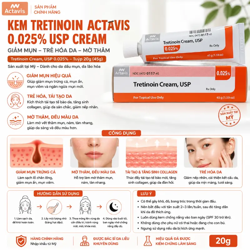 Kem giảm mụn, trẻ hóa da, ngăn ngừa lão hóa Tretinoin Actavis 0.025% USP Cream 20g Mỹ